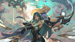 Rule 34 | 3girls, black gloves, blonde hair, blue eyes, bracelet, breasts, closed mouth, crescent, crescent facial mark, crescent moon, diana (league of legends), dreamway, earrings, elbow gloves, facial mark, falling petals, fighting stance, fingerless gloves, floating hair, forehead mark, gloves, green eyes, green hair, hair ornament, hat, highres, holding, holding weapon, incoming attack, irelia, jewelry, large breasts, league of legends, long hair, looking at viewer, miss fortune (league of legends), moon, multiple girls, multiple swords, outdoors, parted bangs, petals, pirate hat, ruined miss fortune, sentinel (league of legends), sentinel diana, sentinel irelia, serious, sidelocks, single fingerless glove, sky, smile, sword, thighs, v-shaped eyebrows, very long hair, weapon, yellow eyes