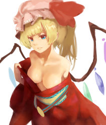 Rule 34 | 1girl, absurdres, bare shoulders, blonde hair, blue eyes, bow, breasts, cleavage, closed mouth, collarbone, flandre scarlet, hand up, hat, hat bow, hat ribbon, highres, japanese clothes, kimono, kimono pull, long sleeves, looking at viewer, medium breasts, mob cap, obi, off shoulder, pulled by self, red kimono, red ribbon, ribbon, sash, side ponytail, simple background, smile, solo, touhou, white background, wide sleeves, wings, xii yashizhongzhan