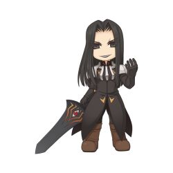 Rule 34 | 1boy, armor, black coat, black eyes, black gloves, black hair, black lips, boots, brown footwear, chibi, chibi only, coat, full body, gloves, long hair, long sleeves, looking at viewer, official art, open mouth, parted bangs, pauldrons, ragnarok online, sakray, shoulder armor, simple background, smile, solo, standing, transparent background, yuichirou