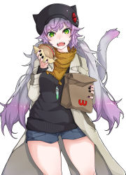 Rule 34 | 1girl, absurdres, animal ears, animal hat, atalanta (fate), atalanta alter (fate), bag, black hat, black nails, black sweater, blue shorts, brand name imitation, breasts, brown coat, burger, cabbie hat, cat ears, cat girl, cat hat, cat tail, coat, fangs, fate/grand order, fate (series), food, gradient hair, green eyes, hair between eyes, hat, head tilt, highres, holding, holding food, kirishina (raindrop-050928), long sleeves, multicolored hair, multicolored nails, nail polish, open clothes, open coat, open mouth, paper bag, purple hair, purple nails, short shorts, shorts, silver hair, simple background, small breasts, solo, sweater, tail, tail raised, white background