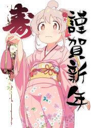 Rule 34 | 1girl, absurdres, ahoge, alternate costume, bright pupils, brown eyes, closed mouth, floral print, genderswap, genderswap (mtf), grey hair, hair bun, highres, holding, japanese clothes, kimono, long hair, long sleeves, looking at viewer, obi, onii-chan wa oshimai!, oyama mahiro, pink kimono, pouch, sash, shiina excel, simple background, solo, wavy mouth, white background, wide sleeves