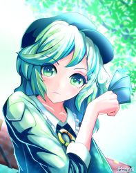 Rule 34 | 1girl, aqua hat, arm up, artist name, blurry, blurry background, box, branch, card, collarbone, commentary request, day, expressionless, flat cap, frilled shirt collar, frills, green eyes, green hair, green shirt, hat, head tilt, holding, holding card, looking at viewer, outdoors, shirt, short hair, sleeves past elbows, solo, torinosukei, touhou, yamashiro takane