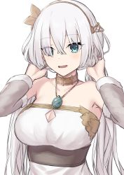 Rule 34 | 1girl, anastasia (fate), bare shoulders, blue eyes, blush, breasts, cleavage, collarbone, detached sleeves, dress, elfenlied22, fate/grand order, fate (series), hair over one eye, hairband, highres, holding, holding own hair, jewelry, large breasts, long hair, looking at viewer, neck ring, necklace, open mouth, pendant, silver hair, simple background, smile, solo, very long hair, white dress