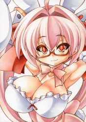 Rule 34 | 1girl, animal ears, bespectacled, bow, breasts, cleavage, colored pencil (medium), di gi charat, dice, dress, female focus, glasses, hair bow, hair ornament, large breasts, marker (medium), millipen (medium), pink dress, pink hair, rabbit ears, red-framed eyewear, red eyes, shirt, simple background, slit pupils, smirk, solo, traditional media, twintails, uneven eyes, upper body, usada hikaru, white background, yutakasan-love