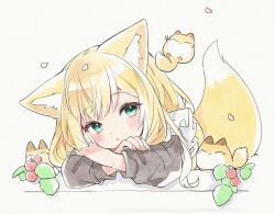 Rule 34 | 1girl, animal ears, apron, berry, black shirt, blonde hair, commentary request, creature, crossed arms, falling petals, fingernails, fox, fox ears, fox girl, fox tail, fuwafuwa-chan (kamiyoshi rika), green eyes, head rest, kamiyoshi rika, light blush, long hair, long sleeves, looking to the side, maid apron, original, petals, shirt, simple background, solo, tail, white background