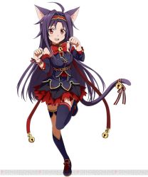 Rule 34 | 10s, 1girl, animal ears, asymmetrical legwear, bell, black thighhighs, brown eyes, cat ears, cat tail, collar, fang, full body, long hair, looking at viewer, neck bell, open mouth, paw pose, purple hair, simple background, solo, sword art online, sword art online: code register, tail, thighhighs, uneven legwear, watermark, white background, yuuki (sao)