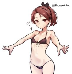 Rule 34 | 1girl, absurdres, adapted costume, bikini, black bikini, brown eyes, brown hair, cowboy shot, double v, front-tie bikini top, front-tie top, hair ribbon, highres, kantai collection, medium hair, one-hour drawing challenge, parted bangs, ponytail, ribbon, shikinami (kancolle), shikinami kai ni (kancolle), simple background, solo, standing, swimsuit, the second form, twitter username, v, white background