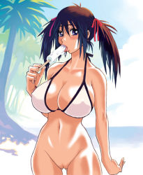 Rule 34 | 1girl, blue eyes, blush, bottomless, breasts, brown hair, cleft of venus, food, huge breasts, large breasts, nude filter, popsicle, pussy, ryoji (nomura ryouji), solo, third-party edit, twintails, uncensored