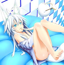 Rule 34 | 1girl, :3, animal ears, antenna hair, bare shoulders, barefoot, blue eyes, bottomless, checkered background, eating, feet, food, fox ears, kentairui, legs, long hair, lying, mitsuha (kenntairui), mitsuha (kentairui), mochi, mouth hold, no panties, off shoulder, on back, open clothes, open shirt, original, shirt, silver hair, solo, sweatdrop, tail, wagashi