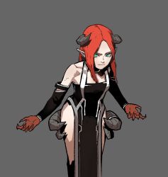 Rule 34 | 1girl, black dress, claws, closed mouth, commentary, cowboy shot, detached sleeves, dress, english commentary, gogalking, green eyes, grey background, highres, horns, leaning forward, long hair, looking at viewer, original, parted bangs, pelvic curtain, red hair, simple background, slit pupils, solo, standing