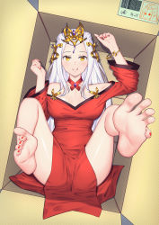 Rule 34 | 1girl, absurdres, barefoot, blush, box, bracelet, cardboard box, chinese clothes, feet, headdress, highres, jewelry, licking lips, long hair, looking at viewer, lying, nail polish, smile, soles, toes, tongue, tongue out, white hair, yellow eyes