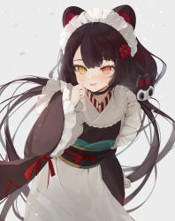 Rule 34 | 1girl, absurdres, animal ears, apron, black collar, black kimono, bow, brown eyes, brown hair, collar, dog ears, dog hair ornament, fang, fang out, flower, frilled sleeves, frills, gotou (nekocat), grey background, hair flower, hair ornament, hand up, heterochromia, highres, inui toko, japanese clothes, kimono, long hair, long sleeves, looking at viewer, low twintails, maid, maid headdress, nijisanji, obi, red bow, red eyes, red flower, sash, simple background, solo, tongue, tongue out, twintails, very long hair, virtual youtuber, wa maid, waist apron, white apron, wide sleeves