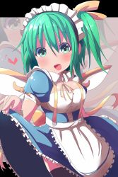 Rule 34 | 1girl, alternate costume, apron, black thighhighs, blush, breasts, cleavage, daiyousei, dress, enmaided, green eyes, green hair, highres, kuromu (underporno), large breasts, maid, maid apron, maid headdress, matching hair/eyes, open mouth, ribbon, short hair, side ponytail, skirt hold, solo, thighhighs, touhou, waist apron, wings, zoom layer