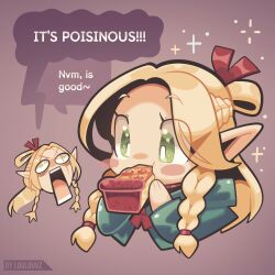 Rule 34 | 1girl, :t, absurdres, artist name, before and after, biting, blonde hair, blue capelet, blush stickers, braid, capelet, chibi, choker, commentary, crazy eyes, cropped torso, dungeon meshi, eating, elf, english commentary, english text, food, french braid, furrowed brow, green eyes, hair ribbon, hair rings, half updo, hands up, highres, holding, holding food, hood, hood down, hooded capelet, long hair, long sleeves, looking ahead, loulou vz, marcille donato, multiple braids, multiple views, parted bangs, pointy ears, purple background, red ribbon, ribbon, side braid, speech bubble