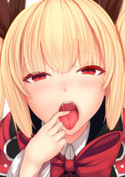 Rule 34 | 1girl, arc system works, blazblue, blonde hair, blush, daiaru, drooling, fangs, hair ribbon, highres, long hair, looking at viewer, open mouth, rachel alucard, red eyes, ribbon, saliva, solo, tongue, tongue out, twintails, vampire