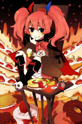 Rule 34 | 10s, 1girl, bandaid, black eyes, boots, bow, cake, cape, chair, charlotte (madoka magica), cheese, choker, cup, doughnut, female focus, food, hair ribbon, mahou shoujo madoka magica, mahou shoujo madoka magica (anime), neko-san (dim.dream), personification, red hair, ribbon, solo, table, teacup, twintails, witch&#039;s labyrinth