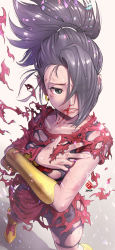 Rule 34 | 1girl, absurdres, bike shorts, black hair, bleeding, blood, bracer, bruise, clenched teeth, collarbone, covering privates, covering breasts, cuts, dragon ball, dragon ball super, earrings, hair over one eye, highres, injury, jewelry, kale (dragon ball), kanchiyo, looking at viewer, nosebleed, shorts, shorts under skirt, solo, standing, teeth, torn clothes