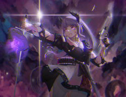Rule 34 | 1girl, absurdres, arknights, bad id, bad pixiv id, black jacket, blood, blood from mouth, blood on face, closed mouth, cloud, cloudy sky, cowboy shot, dual wielding, grey hair, gun, head wings, high-waist skirt, highres, holding, holding gun, holding sword, holding weapon, injury, irene (arknights), jacket, lens flare, long hair, long sleeves, moyus, outdoors, pantyhose, pink eyes, print skirt, purple skirt, skirt, sky, solo, sword, torn clothes, torn jacket, v-shaped eyebrows, very long hair, weapon, white pantyhose, white skirt, wings