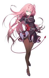 Rule 34 | 1girl, alternate hairstyle, aqua eyes, black dress, blunt bangs, chest strap, closed mouth, collar, darling in the franxx, demon tail, dore (gilles dore), dress, floating hair, full body, harness, heart collar, high heels, highres, horns, long hair, long sleeves, looking at viewer, nail polish, one side up, outstretched arm, pantyhose, pink hair, red horns, red nails, ribbed dress, see-through, see-through legwear, simple background, sleeves past wrists, smile, solo, standing, tail, underbust, very long hair, white background, zero two (darling in the franxx)
