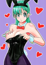 Rule 34 | 1girl, animal ears, aqua eyes, aqua hair, bare arms, bare shoulders, black leotard, blue eyes, blush, bow, bowtie, grabbing another&#039;s breast, breast slip, breasts, bulma, c:, cleavage, closed mouth, detached collar, dragon ball, fake animal ears, female focus, grabbing, heart, heart background, jeibii, large breasts, leotard, long hair, looking at viewer, nail polish, naughty face, neck, nipples, one breast out, pantyhose, pink nails, playboy bunny, purple background, rabbit ears, rabbit tail, red bow, red bowtie, smile, solo, standing, strapless, strapless leotard, striped, striped background, tail, wrist cuffs
