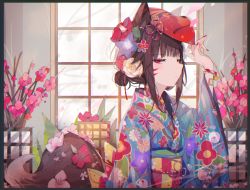 Rule 34 | 1girl, absurdres, animal ears, bandaid, bandaid on arm, bell, border, bracelet, brown hair, choker, closed mouth, earrings, facial mark, flower, flower knot, fox ears, fox girl, fox tail, hair bun, hair flower, hair ornament, half-closed eyes, hand up, highres, japanese clothes, jewelry, jingle bell, kimono, long hair, long sleeves, looking back, mask, mask on head, nail polish, neck bell, obi, obijime, original, pink flower, red eyes, red flower, red nails, sash, sideways glance, single hair bun, solo, tail, tail flower, tail ornament, umemaro (siona0908), white flower, wide sleeves