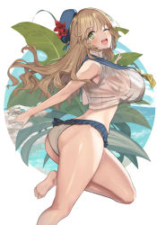 Rule 34 | 1girl, ass, atago (kancolle), bare legs, bare shoulders, barefoot, beret, bikini, blonde hair, blue hat, blush, breasts, crop top, green eyes, hareno chiame, hat, highres, kantai collection, large breasts, long hair, looking at viewer, one eye closed, open mouth, sailor collar, smile, solo, string bikini, swimsuit