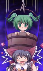 Rule 34 | 2girls, black hair, blush, bucket, detached sleeves, female focus, gradient background, green eyes, green hair, hair ribbon, hakurei reimu, highres, in bucket, in container, japanese clothes, kisume, lzh, miko, multiple girls, o o, power-up, ribbon, touhou, twintails, upper body