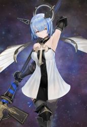 Rule 34 | 1girl, absurdres, armpits, azur lane, bare shoulders, black collar, black dress, black thighhighs, blue hair, boots, breasts, collar, cross, cross (weapon), cross necklace, detached collar, detached wings, dress, elbow gloves, gascogne (azur lane), gloves, halo, headgear, highres, holding, holding staff, jewelry, knee boots, mechanical halo, medium breasts, multicolored hair, necklace, see-through, see-through dress, short dress, solo, staff, star (symbol), starry background, streaked hair, thighhighs, tomozou-1971, two-tone dress, weapon behind back, white dress, wings, yellow eyes