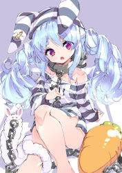 Rule 34 | 1girl, animal ears, animal hat, bare shoulders, blue hair, chain, collar, commentary request, don-chan (usada pekora), fake animal ears, feet out of frame, fujishima-sei ichi-gou, hair between eyes, hat, highres, hololive, knee up, long hair, long sleeves, metal collar, off shoulder, open mouth, prison clothes, rabbit ears, rabbit hat, red eyes, safety pin, shirt, short eyebrows, sitting, sleeves past wrists, striped clothes, striped headwear, striped shirt, teeth, thick eyebrows, twintails, upper teeth only, usada pekora, usada pekora (prisoner), very long hair, virtual youtuber
