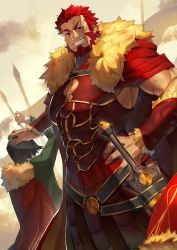 Rule 34 | 2boys, armor, beard, black hair, breastplate, cape, facial hair, fate/grand order, fate/zero, fate (series), highres, iskandar (fate), looking at viewer, lord el-melloi ii, male focus, manly, multiple boys, muscular, pectorals, red eyes, red hair, scottie (phantom2), smile, toned, toned male, waver velvet