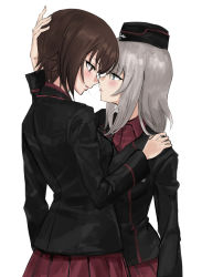Rule 34 | 10s, 2girls, after kiss, black jacket, blue eyes, blush, brown eyes, brown hair, couple, eye contact, from side, garrison cap, girls und panzer, hand on another&#039;s head, hand on shoulder, hat, itsumi erika, jacket, long hair, looking at another, multiple girls, nishizumi maho, profile, red shirt, red skirt, saliva, saliva trail, school uniform, shirt, short hair, silver hair, skirt, thorn (ashthorn), uniform, yuri