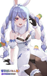 Rule 34 | 1girl, :d, ahoge, animal ear fluff, animal ears, bare shoulders, black gloves, black pantyhose, blue hair, blush, braid, breasts, bridal garter, carrot hair ornament, cleavage, coat, commentary request, detached sleeves, extra ears, food-themed hair ornament, fur trim, gloves, gohan oni, hair ornament, hand up, highres, hololive, long braid, long hair, looking at viewer, multicolored hair, open mouth, pantyhose, puffy short sleeves, puffy sleeves, rabbit ears, rabbit girl, scarf, short sleeves, simple background, sitting, smile, solo, teeth, thick eyebrows, thigh gap, thigh strap, translation request, twin braids, twitter username, two-tone hair, upper teeth only, usada pekora, usada pekora (1st costume), virtual youtuber, white background, white coat, white hair