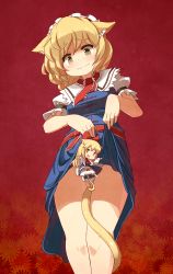 Rule 34 | 1girl, :3, alice margatroid, animal ears, between legs, blonde hair, bloomers, blueberry (5959), blush, capelet, cat ears, cat girl, cat tail, clothes lift, doll, dress, dress lift, female focus, hairband, headband, highres, kemonomimi mode, long hair, looking at viewer, matching shanghai, panties, shanghai doll, short hair, skirt, skirt lift, smirk, solo, tail, tail between legs, tears, touhou, underwear, upskirt, wavy mouth, white panties, yellow eyes