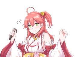 Rule 34 | 1girl, ahoge, bare shoulders, bell, blush, breasts, cherry blossom print, cherry blossoms, closed mouth, collar, disco brando, floral print, frills, green eyes, hair bell, hair between eyes, hair ornament, hairclip, holding, holding microphone, hololive, long hair, looking at viewer, medium breasts, microphone, musical note, nontraditional miko, one side up, paw print, paw print pattern, pink hair, red collar, sakura miko, sakura miko (1st costume), sideboob, smile, solo, upper body, virtual youtuber, white background