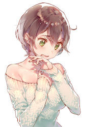 Rule 34 | 1girl, ahoge, bare shoulders, blush, brown hair, collarbone, copyright request, dsmile, embarrassed, eyebrows, green eyes, hand on own chest, long sleeves, looking away, looking down, off-shoulder, off-shoulder sweater, off shoulder, open mouth, short hair, simple background, solo, sweater, upper body, white background