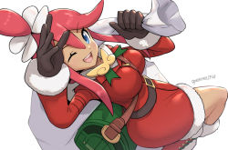 Rule 34 | 1girl, between breasts, blue eyes, blush, boots, breasts, christmas, creatures (company), fur trim, game freak, gloves, gonzarez, gym leader, hair ornament, holding, holding sack, large breasts, lips, long hair, looking at viewer, nintendo, official alternate costume, one eye closed, open mouth, pokemon, pokemon masters ex, red hair, sack, santa costume, short shorts, shorts, sidelocks, signature, simple background, skyla (holiday 2020) (pokemon), skyla (pokemon), smile, solo, strap between breasts, white background