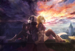 Rule 34 | 2girls, armor, armored boots, artist name, black legwear, blonde hair, blue eyes, boots, capelet, closed mouth, cloud, cloudy sky, dated, day, fate/apocrypha, fate (series), faulds, from side, fur trim, gauntlets, grey hair, headpiece, highres, jeanne d&#039;arc (fate), jeanne d&#039;arc (ruler) (fate), jeanne d&#039;arc alter (avenger) (fate), jeanne d&#039;arc alter (avenger) (first ascension) (fate), jeanne d&#039;arc alter (fate), long hair, mashuu (neko no oyashiro), multiple girls, night, outdoors, purple legwear, revision, scenery, signature, sitting, sky, symmetry, thighhighs, twitter username, yellow eyes