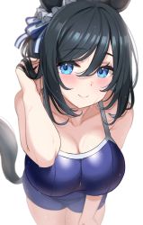 Rule 34 | 1girl, animal ears, bare shoulders, black hair, bloom, blue eyes, blue one-piece swimsuit, blurry, blush, breasts, character request, cleavage, closed mouth, collarbone, competition school swimsuit, depth of field, eishin flash (umamusume), foreshortening, hair between eyes, hand in own hair, hand on own thigh, highres, horse ears, horse tail, kibihimi, large breasts, leaning forward, long hair, looking at viewer, one-piece swimsuit, school swimsuit, simple background, smile, solo, swept bangs, swimsuit, tail, thighs, umamusume, wet, white background