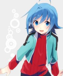 Rule 34 | 10s, 1boy, :d, bad id, bad pixiv id, blue eyes, blue hair, cardfight!! vanguard, hage ta, looking back, male focus, matching hair/eyes, open mouth, sendou aichi, simple background, smile, solo, white background