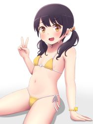 Rule 34 | 1girl, arm up, bang dream!, bikini, black hair, breasts, brown eyes, cameltoe, futaba tsukushi, highres, long hair, low twintails, navel, open mouth, side-tie bikini bottom, simple background, sitting, small breasts, smile, solo, swimsuit, tanukikouji midori, thighs, twintails, v, white background, yellow bikini