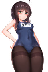 Rule 34 | 1girl, ahoge, aqua eyes, armpits, black pantyhose, blush, breasts, brown hair, covered navel, hand on own hip, highres, hitachi mako, looking at viewer, medium breasts, one-piece swimsuit, pantyhose, pantyhose under swimsuit, school swimsuit, senren banka, short hair, simple background, solo, swimsuit, thighband pantyhose, thighs, white background, zirba