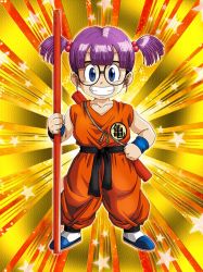 Rule 34 | 1girl, blue eyes, dr. slump, dragon ball, glasses, looking at viewer, norimaki arale, official art, purple theme, short twintails, twintails