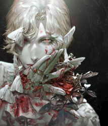 Rule 34 | 1boy, black background, blonde hair, blood, blood on clothes, blood on face, bug, chain, dated, eyelashes, film grain, fingernails, flower, hand on own face, hato (dovecot), insect, jewelry, looking at viewer, moth, multiple rings, original, pale skin, pointy ears, portrait, red eyes, ring, rose, shirt, short hair, solo