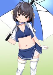 Rule 34 | 1girl, alternate costume, black hair, blue skirt, boots, brown eyes, commentary, crop top, flat chest, gloves, gradient background, green background, hair ribbon, holding, holding umbrella, kantai collection, looking at viewer, midriff, nassukun, race queen, ribbon, short hair with long locks, short sleeves, simple background, skirt, solo, thigh boots, ukuru (kancolle), umbrella, white footwear, white gloves, yellow ribbon