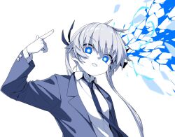 Rule 34 | 1girl, blue theme, collared shirt, commentary, english commentary, finger gun, finger gun to head, hair between eyes, hair ribbon, highres, jacket, kill me baby, long hair, long sleeves, looking at viewer, monochrome, necktie, open clothes, open jacket, parody, persona, persona 3, pose imitation, ribbon, shirt, simple background, solo, sonya (kill me baby), twintails, upper body, yachima tana