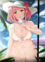 Rule 34 | 1girl, bad id, bad pixiv id, bikini, blue sky, blush, breasts, brown eyes, cleavage, cloud, covered erect nipples, day, eating, flower, hat, hat flower, hibiscus, highres, large breasts, licking lips, looking at viewer, navel, original, outdoors, palm tree, pink hair, plump, sabaneko, sitting, sky, smile, solo, swimsuit, tongue, tongue out, tree