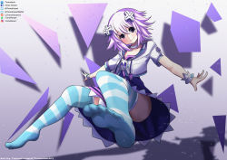 1girl choker closed_mouth d-pad d-pad_hair_ornament feet flat_chest hair_ornament matching_hair/eyes neptune_(neptunia) neptune_(series) purple_eyes purple_hair short_hair soles striped_legwear toes tomodachi_(tomofanart)