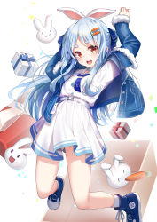 Rule 34 | 1girl, animal ears, arms up, blue footwear, blue hair, blue jacket, box, breasts, commentary request, dress, fur-trimmed jacket, fur-trimmed sleeves, fur trim, gift, gift box, highres, hololive, jacket, long hair, long sleeves, open clothes, open jacket, pekomon (usada pekora), pleated dress, rabbit ears, red eyes, revision, shoes, short eyebrows, sleeves past wrists, small breasts, socks, thick eyebrows, usada pekora, usada pekora (casual), very long hair, virtual youtuber, white background, white dress, white legwear, yan (nicknikg)