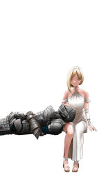 Rule 34 | absurdres, armor, blonde hair, breasts, bridal gauntlets, closed eyes, commentary request, copyright request, dress, full armor, halterneck, helmet, highres, invisible chair, medium breasts, sandals, sitting, uraya nagi, white background, white dress