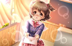 Rule 34 | 1girl, akagi miria, blue jacket, blush, bow, brown eyes, brown hair, collared shirt, commentary request, curtains, day, envelope, hair bow, holding, holding envelope, idolmaster, idolmaster cinderella girls, indoors, jacket, looking at viewer, open mouth, outstretched arms, plaid, plaid bow, plaid skirt, pleated skirt, red bow, red skirt, regular mow, sailor collar, school uniform, shirt, skirt, solo, two side up, white sailor collar, white shirt, window